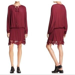 Muche et Muchette Elastic Waist Lace Detail Boho Dress In Burgundy One Size $169